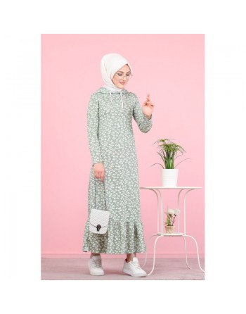 Robe longue à capuche finition volante à motifs feuilles nénuphar (Vetement pour femme voilée) - Couleur vert claire 