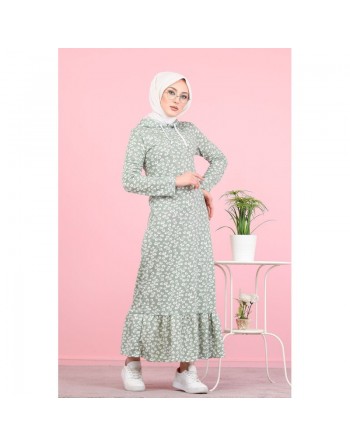 Robe longue à capuche finition volante à motifs feuilles nénuphar (Vetement pour femme voilée) - Couleur vert claire 