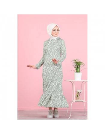 Robe longue à capuche finition volante à motifs feuilles nénuphar (Vetement pour femme voilée) - Couleur vert claire 