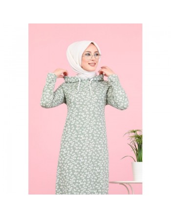 Robe longue à capuche finition volante à motifs feuilles nénuphar (Vetement pour femme voilée) - Couleur vert claire 