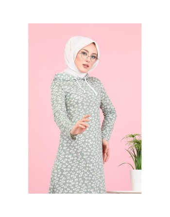 Robe longue à capuche finition volante à motifs feuilles nénuphar (Vetement pour femme voilée) - Couleur vert claire 