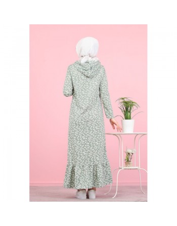 Robe longue à capuche finition volante à motifs feuilles nénuphar (Vetement pour femme voilée) - Couleur vert claire 