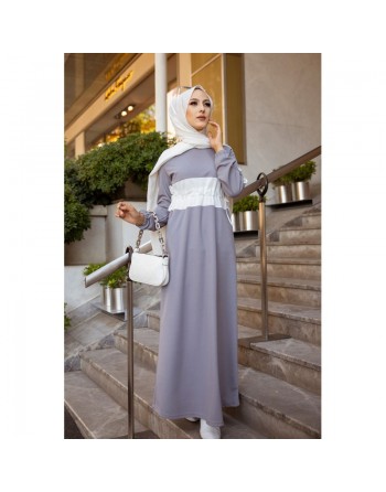 Robe longue casual (Mode Musulmane) - Couleur Gris clair et blanc 