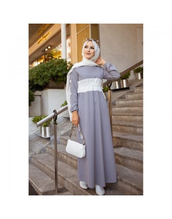 Robe longue casual (Mode Musulmane) - Couleur Gris clair et blanc 