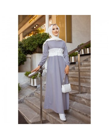 Robe longue casual (Mode Musulmane) - Couleur Gris clair et blanc 