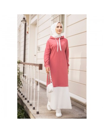 Robe longue à capuche effet plissée pour femme musulmane (Vetement moderne pour hijab) - Couleur rose et blanc 