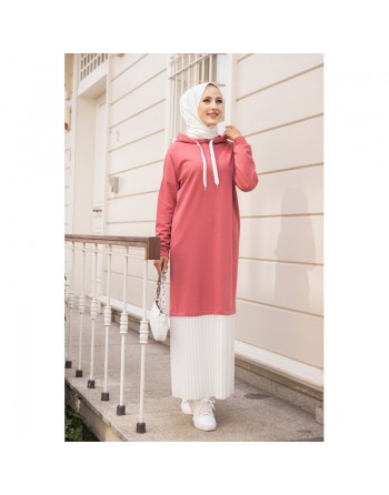 Robe longue à capuche effet plissée pour femme musulmane (Vetement moderne pour hijab) - Couleur rose et blanc 