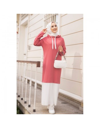 Robe longue à capuche effet plissée pour femme musulmane (Vetement moderne pour hijab) - Couleur rose et blanc 