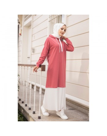 Robe longue à capuche effet plissée pour femme musulmane (Vetement moderne pour hijab) - Couleur rose et blanc 