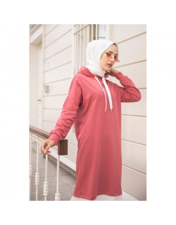 Robe longue à capuche effet plissée pour femme musulmane (Vetement moderne pour hijab) - Couleur rose et blanc 