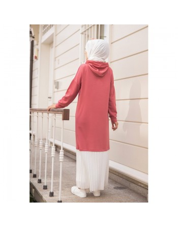 Robe longue à capuche effet plissée pour femme musulmane (Vetement moderne pour hijab) - Couleur rose et blanc 