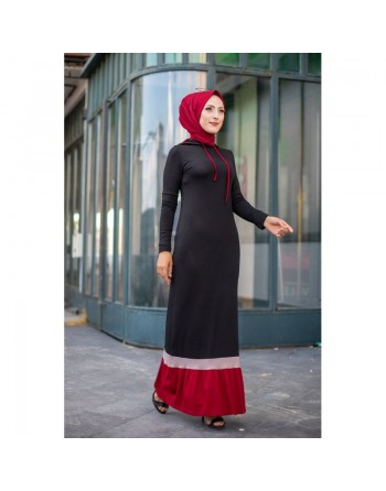 Robe longue Urban moderne avec capuche (Vetement pour femme voilée) - Couleur noir et grenat 