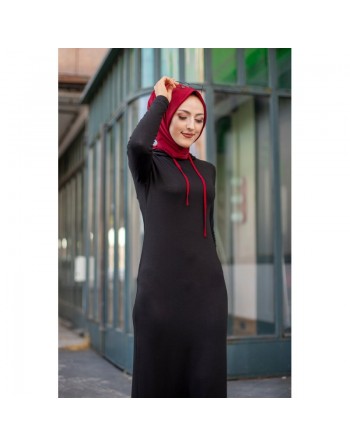 Robe longue Urban moderne avec capuche (Vetement pour femme voilée) - Couleur noir et grenat 