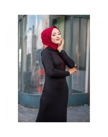 Robe longue Urban moderne avec capuche (Vetement pour femme voilée) - Couleur noir et grenat 