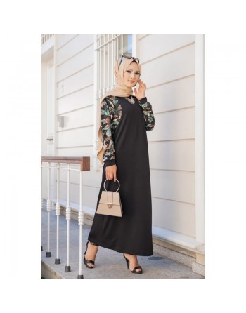Robe longue noire motifs fleuris "jungle" (Abaya hijab moderne) 