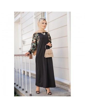 Robe longue noire motifs fleuris "jungle" (Abaya hijab moderne) 