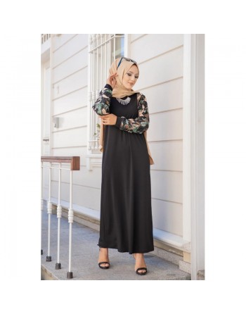 Robe longue noire motifs fleuris "jungle" (Abaya hijab moderne) 