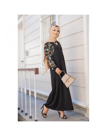 Robe longue noire motifs fleuris "jungle" (Abaya hijab moderne) 