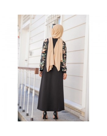 Robe longue noire motifs fleuris "jungle" (Abaya hijab moderne) 