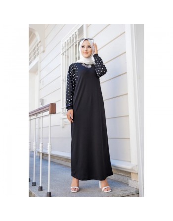 Robe longue noire motifs à pois (Abaya hijab moderne pas cher en ligne) 