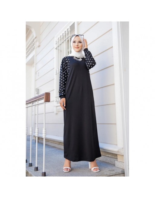 Robe longue noire motifs à pois (Abaya hijab moderne pas cher en ligne) Robe longue noire motifs à pois (Abaya hijab moderne pas cher en ligne)
