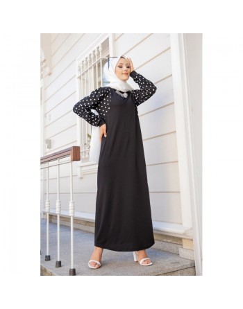 Robe longue noire motifs à pois (Abaya hijab moderne pas cher en ligne) 