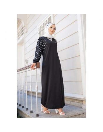 Robe longue noire motifs à pois (Abaya hijab moderne pas cher en ligne) 