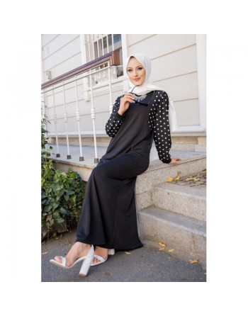 Robe longue noire motifs à pois (Abaya hijab moderne pas cher en ligne) 