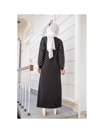 Robe longue noire motifs à pois (Abaya hijab moderne pas cher en ligne) 
