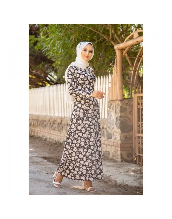 Robe longue à fleurs pour femme (Vetement Hidjab pas cher en ligne) - Couleur noir 