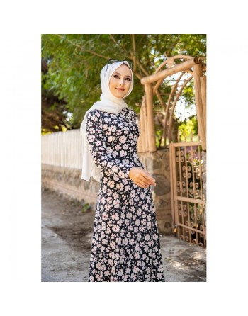Robe longue à fleurs pour femme (Vetement Hidjab pas cher en ligne) - Couleur noir 
