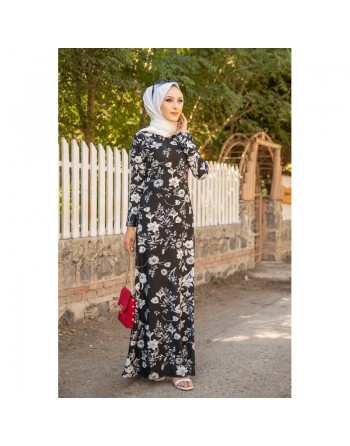 Robe longue imprimé floral (Robes Hijab pas cher en ligne Modest Fashion France) - Couleur Noir 