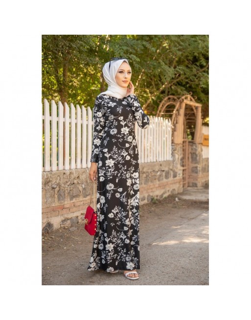 Robe longue imprimé floral (Robes Hijab pas cher en ligne Modest Fashion France) - Couleur Noir Robe longue imprimé floral (Robes Hijab pas cher en ligne Modest Fashion France) - Couleur Noir