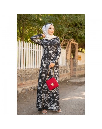 Robe longue imprimé floral (Robes Hijab pas cher en ligne Modest Fashion France) - Couleur Noir 