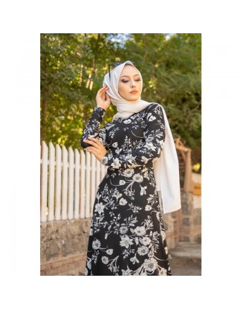 Robe longue imprimé floral (Robes Hijab pas cher en ligne Modest Fashion France) - Couleur Noir 