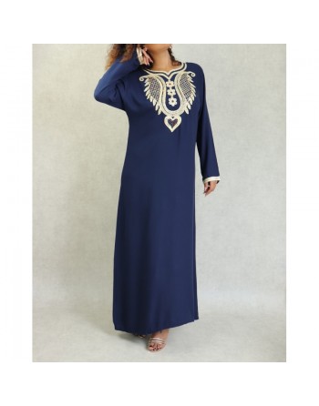Robe orientale brodée avec strass pour femme - Couleur Bleu marine 