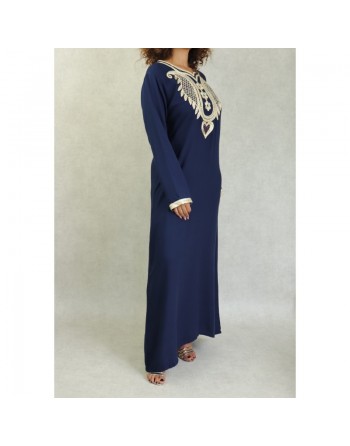 Robe orientale brodée avec strass pour femme - Couleur Bleu marine 