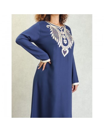 Robe orientale brodée avec strass pour femme - Couleur Bleu marine 