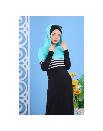 Robe bicolore à capuche - Tenue décontractée pour femme - Couleur Noir et Vert menthe 