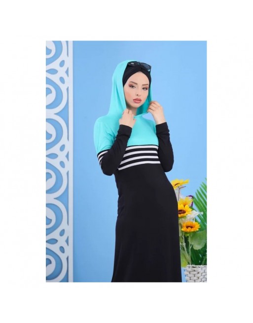 Robe bicolore à capuche - Tenue décontractée pour femme - Couleur Noir et Vert menthe 