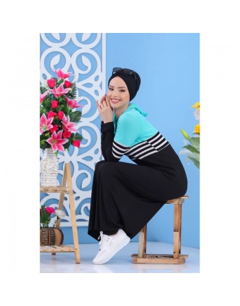 Robe bicolore à capuche - Tenue décontractée pour femme - Couleur Noir et Vert menthe 