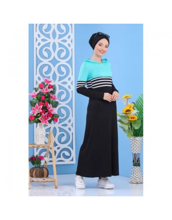 Robe bicolore à capuche - Tenue décontractée pour femme - Couleur Noir et Vert menthe 