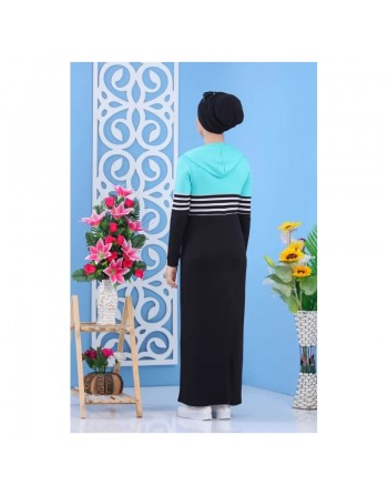 Robe bicolore à capuche - Tenue décontractée pour femme - Couleur Noir et Vert menthe 