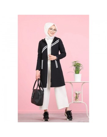 Veste sweat longue à capuche pour femme (Hijab sport en ligne) - Couleur noir 
