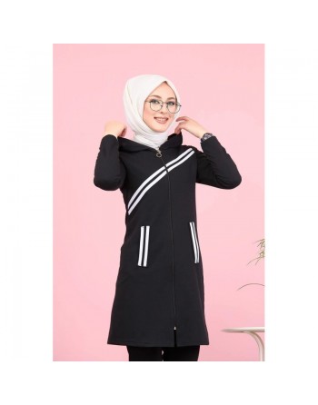 Veste sweat longue à capuche pour femme (Hijab sport en ligne) - Couleur noir 