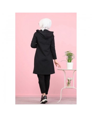 Veste sweat longue à capuche pour femme (Hijab sport en ligne) - Couleur noir 