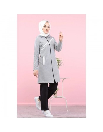 Veste sweat longue à capuche pour hijab sport - Couleur gris clair 