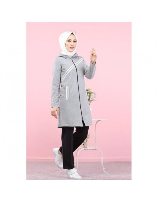 Veste sweat longue à capuche pour hijab sport - Couleur gris clair Veste sweat longue à capuche pour hijab sport - Couleur gris clair