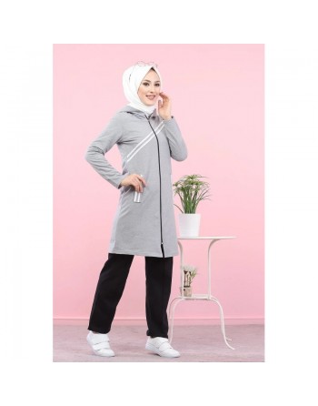 Veste sweat longue à capuche pour hijab sport - Couleur gris clair 