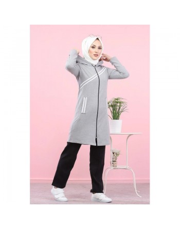 Veste sweat longue à capuche pour hijab sport - Couleur gris clair 